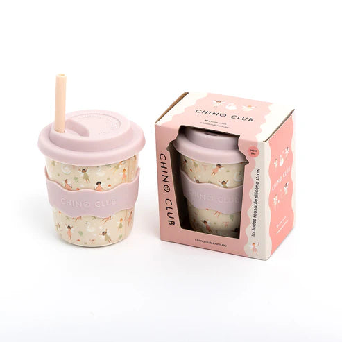 Reusable cup with pink lid and straw, featuring 'Chino Club' branding, in packaging on a white background.