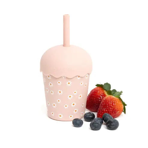 pink daisy smoothie cup with fruit