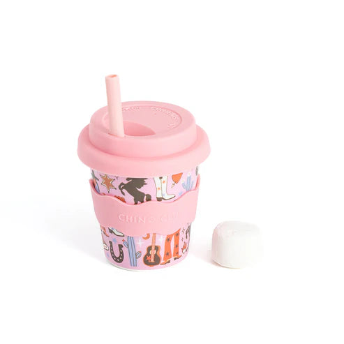 reusable babychino cup in cowgirl pink design with straw