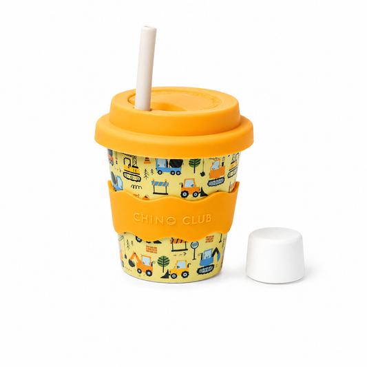 yellow and orange babychino cup with lid and straw