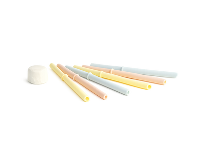 Pastel silicone replacement straws with built-in stoppers for CHINO CLUB babychino and kids' cups, available as a mixed colour pack.