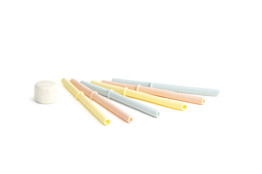 Pastel silicone replacement straws with built-in stoppers for CHINO CLUB babychino and kids' cups, available as a mixed colour pack.