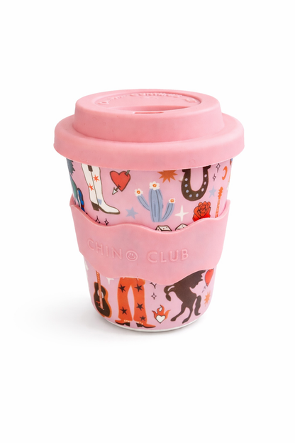 8oz cowgirl chino club cup with lid and straw inside