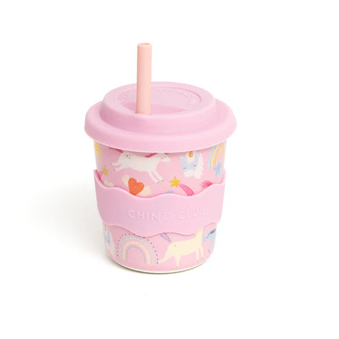 Pink unicorn babychino cup with lid and straw