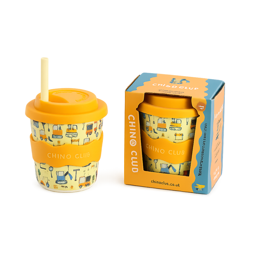 Eco-friendly toddler 8oz cup with construction theme and silicone straw, shown with CHINO CLUB branded packaging.