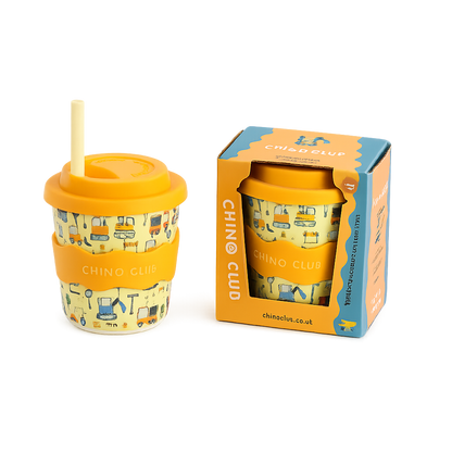 Eco-friendly toddler 8oz cup with construction theme and silicone straw, shown with CHINO CLUB branded packaging.