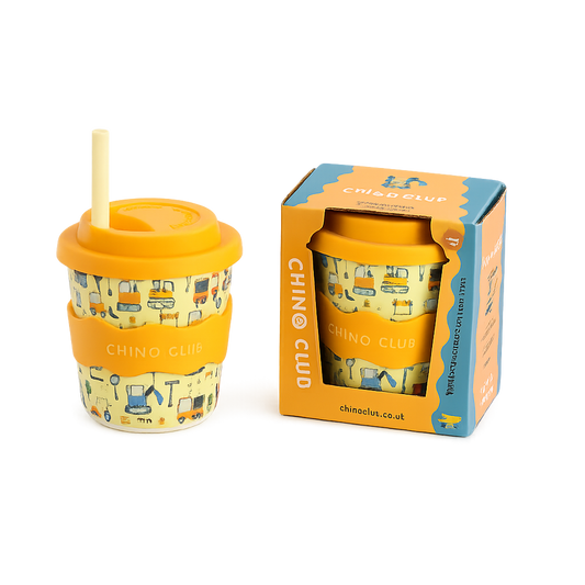 Eco-friendly toddler 8oz cup with construction theme and silicone straw, shown with CHINO CLUB branded packaging.