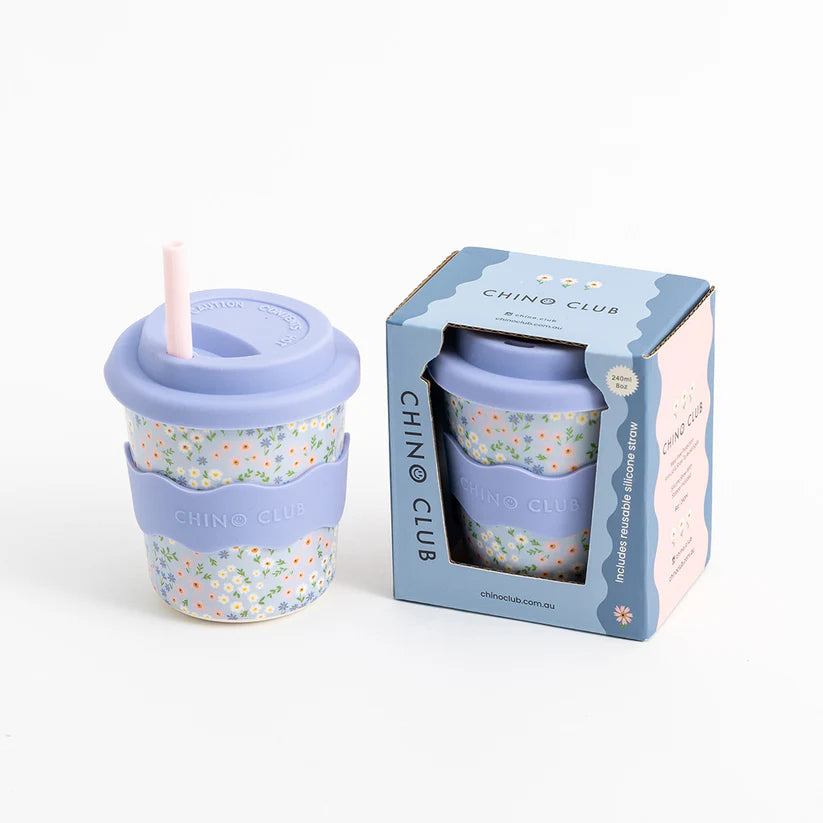 Blue Floral Chino Club Babychino cup with lid in Babyccino gift box 8oz cup