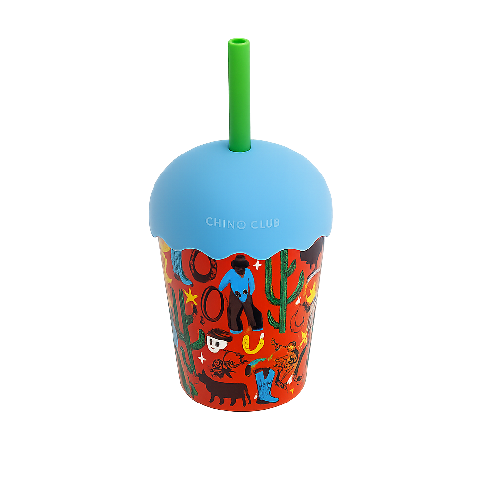200ml smoothie cup in cowboy design with lid and wide straw