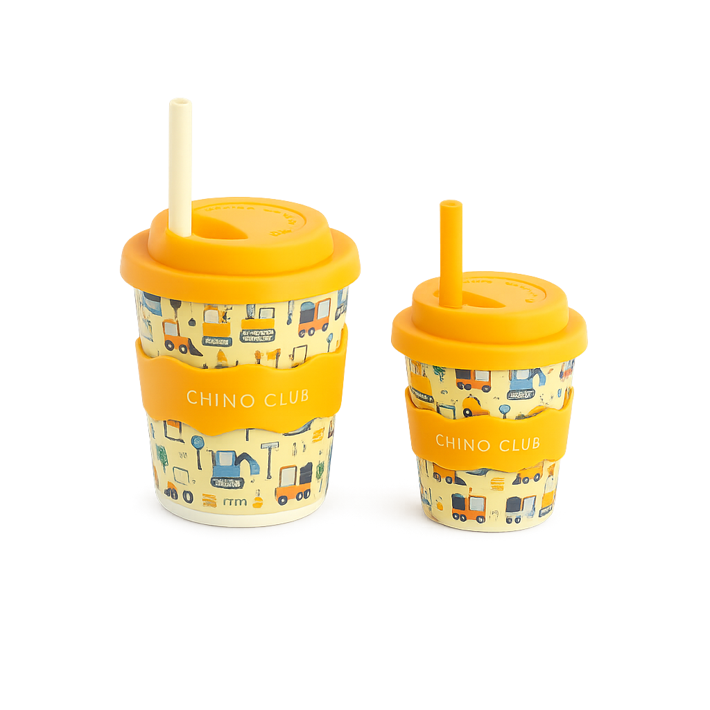 Matching children's cups featuring digger and truck illustrations, reusable silicone lids and straws for toddlers and kids.