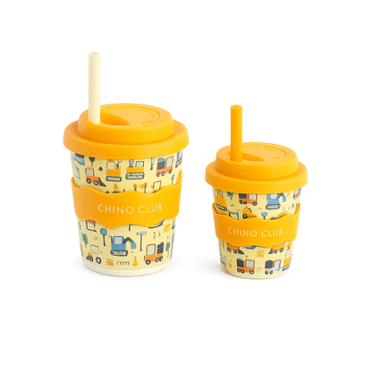 Matching children's cups featuring digger and truck illustrations, reusable silicone lids and straws for toddlers and kids.