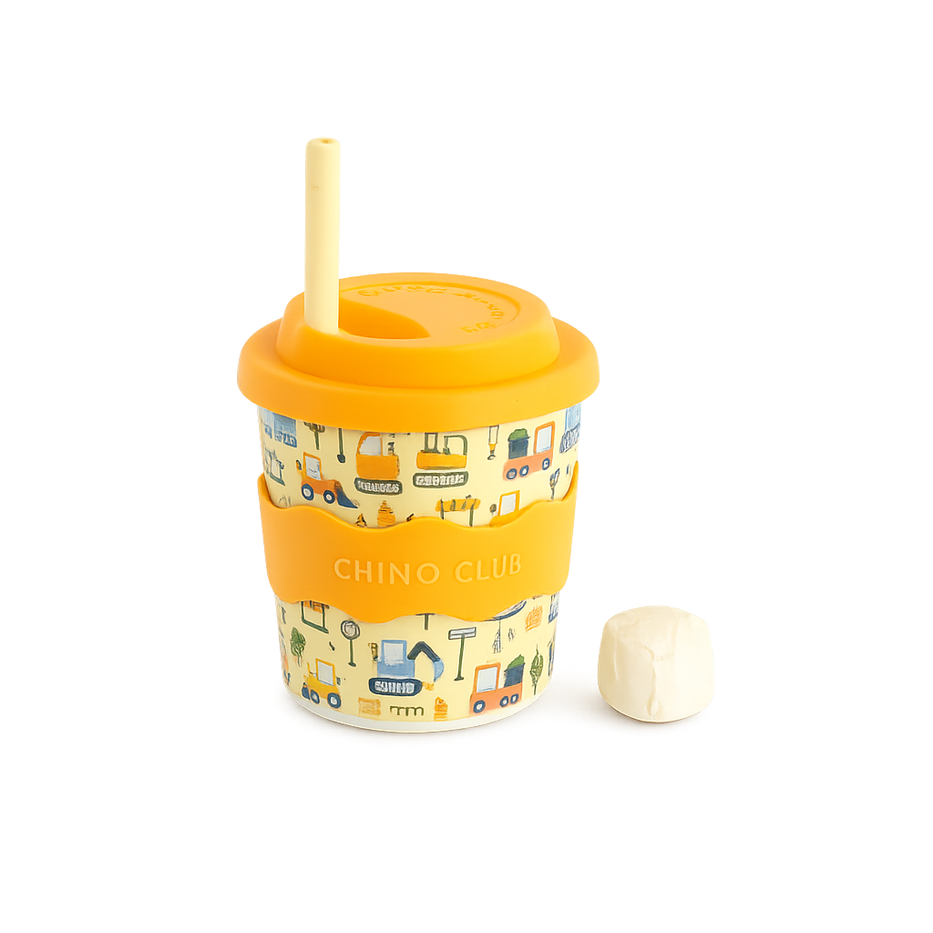 Eco-friendly kids melamine cup with digger and construction truck design, reusable silicone straw and yellow lid by CHINO CLUB.