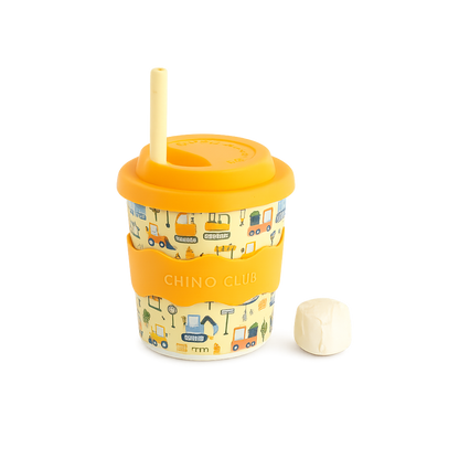 Eco-friendly kids melamine cup with digger and construction truck design, reusable silicone straw and yellow lid by CHINO CLUB.