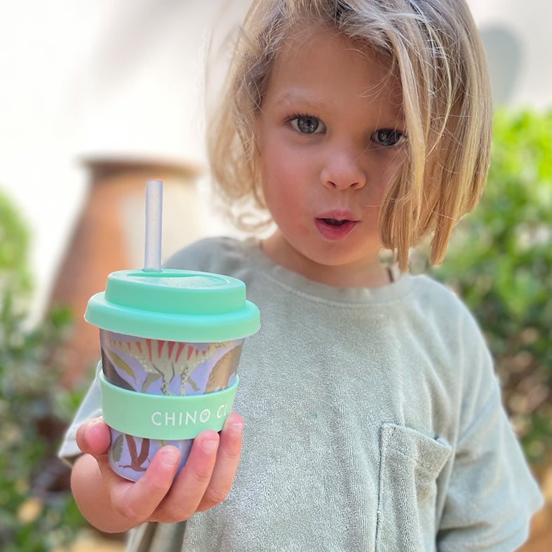 Green and blue dinosaur babychino cup with lid and straw