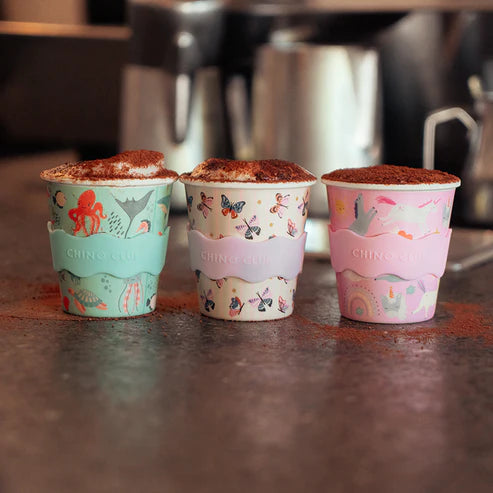 butterfly unicorn and ocean babychino cups with chocolate sprinkles