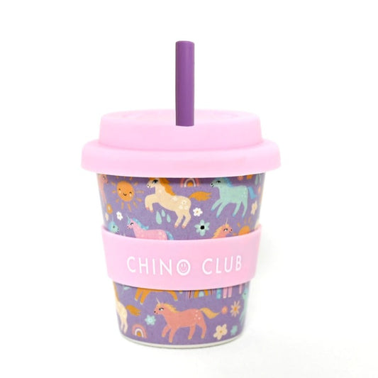 Unicorn babychino cup with purple straw and pink lid