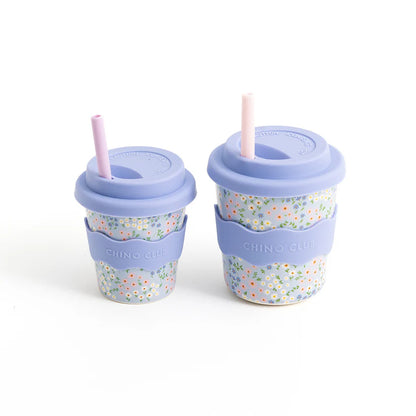 matching blue floral cups in 4oz babychino cup and 8oz midi chino club cup with silicone bands, lids and straws