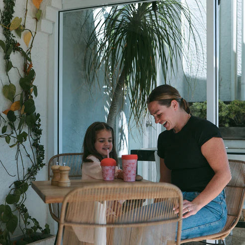 family with bow smoothie cup and coffee cup