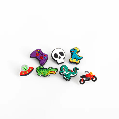 Set of colorful charms featuring various designs on a white background