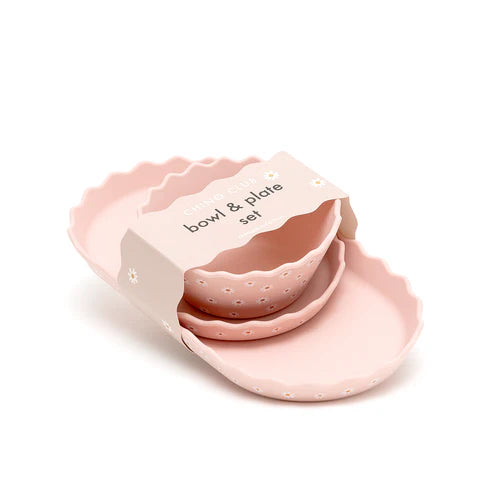 Pink bowl and plate set with packaging on a white background