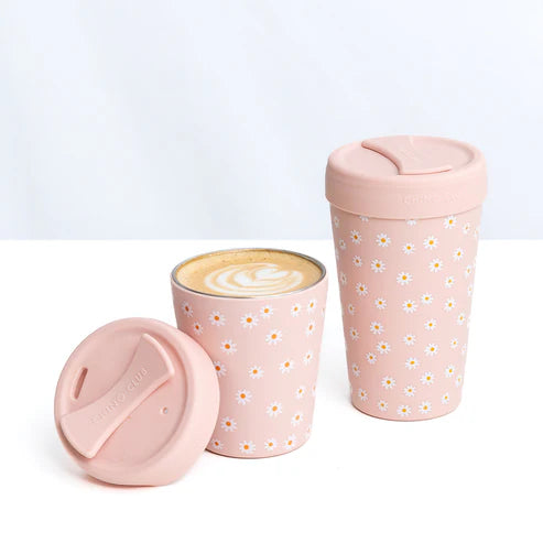 12oz and 8oz pink daisy cups with coffee 