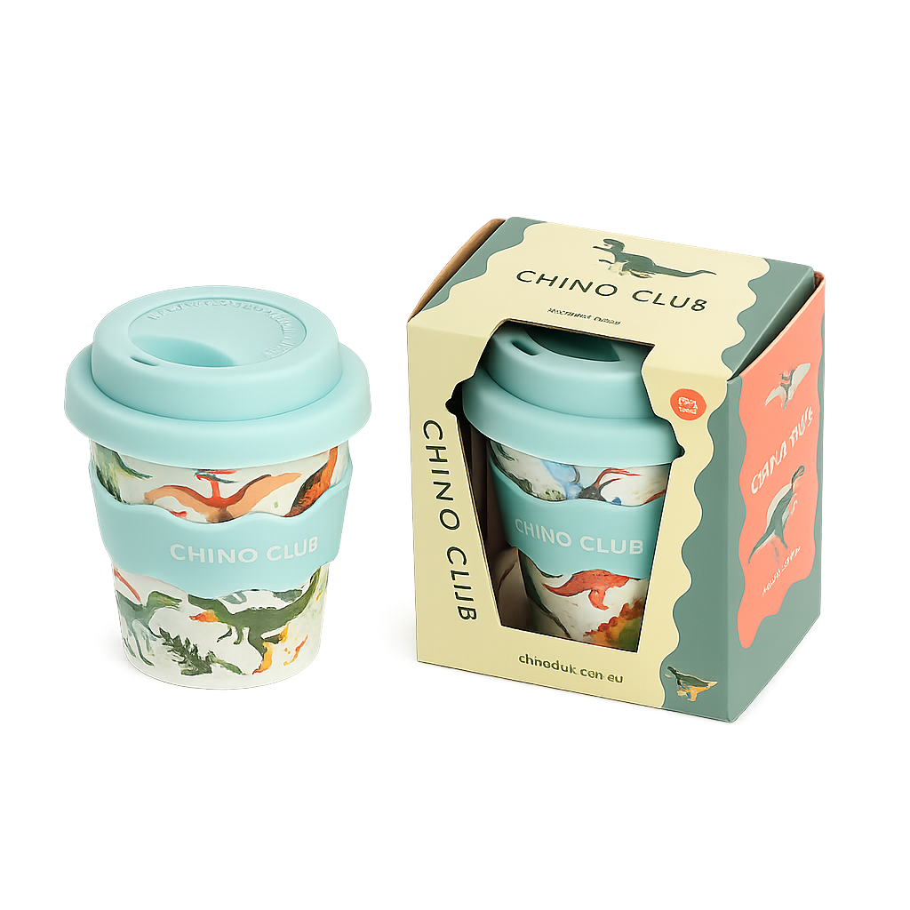CHINO CLUB Dinosaur 4oz reusable babychino cup with matching gift box, featuring a fun dinosaur print, food-safe silicone lid and sleeve. A perfect gift for toddlers and young children.