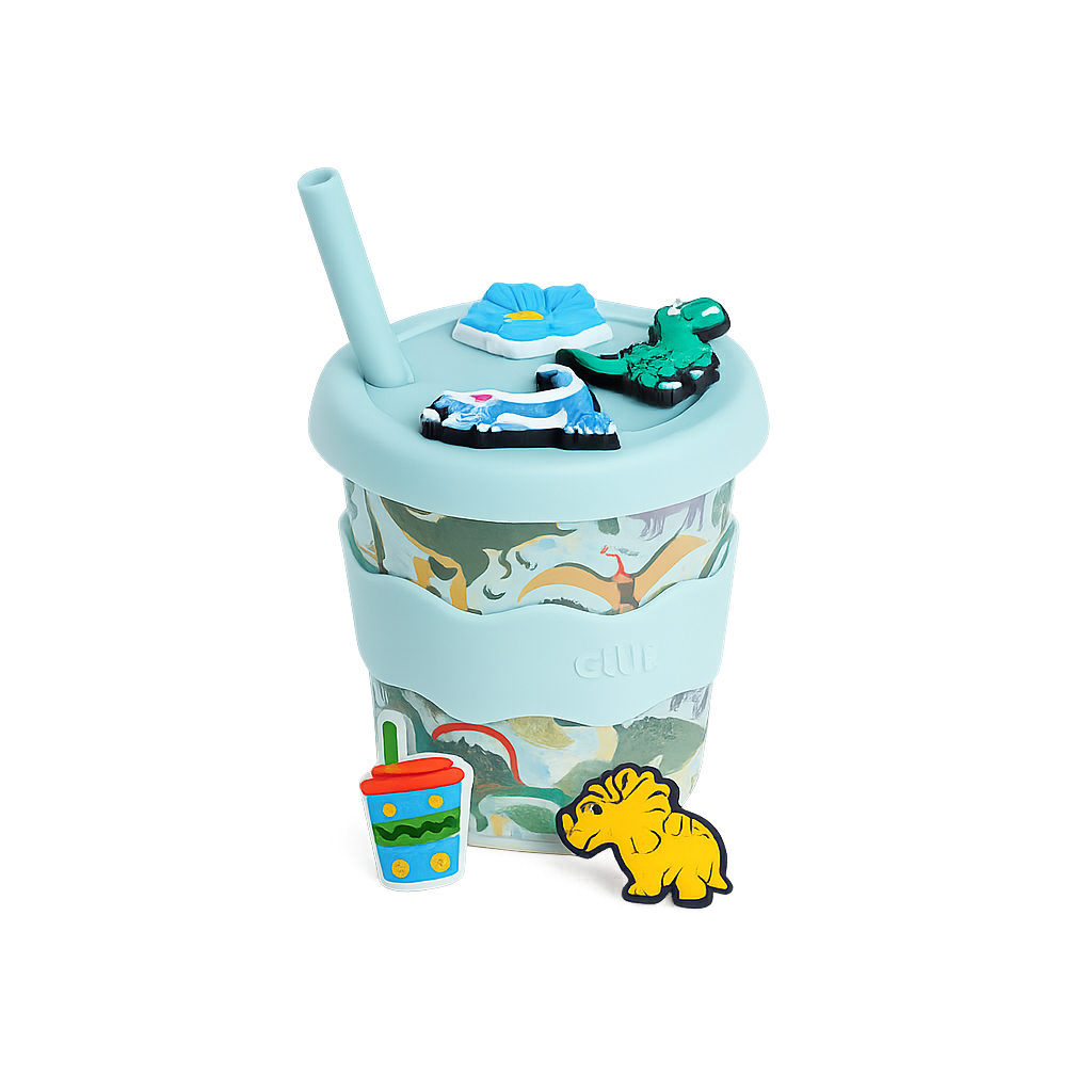 Dinosaur Chino Charms 8oz reusable kids' snack cup with interchangeable charms, silicone lid, straw and sleeve by CHINO CLUB.