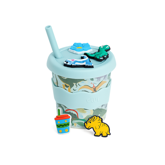 Dinosaur Chino Charms 8oz reusable kids' snack cup with interchangeable charms, silicone lid, straw and sleeve by CHINO CLUB.