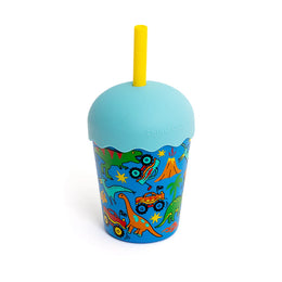 blue and yellow dino monster truck smoothie cup with lid and straw