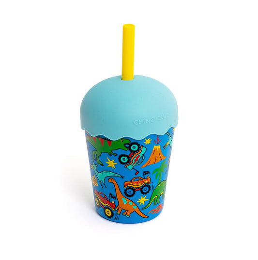 blue and yellow dino monster truck smoothie cup with lid and straw