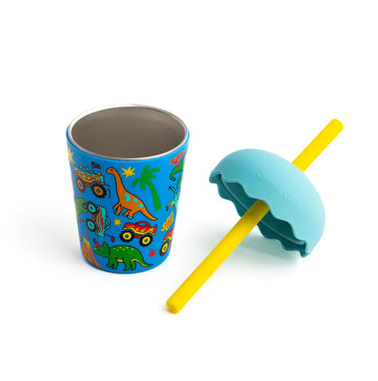 stainless steel lined kids smoothie cup with wide straw and clip on lid