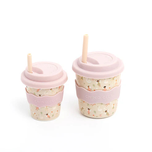 Two pink cups with lids and straws on a white background 4oz and 8oz