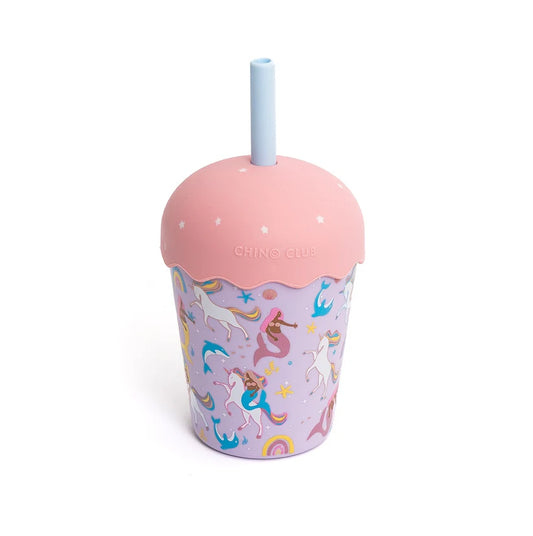 Mermaids and Unicorns insulated kids smoothie cup with silicone straw and stainless steel interior.