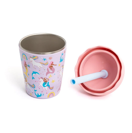 200ml insulated smoothie cup for children with mermaid and unicorn print and reusable straw.