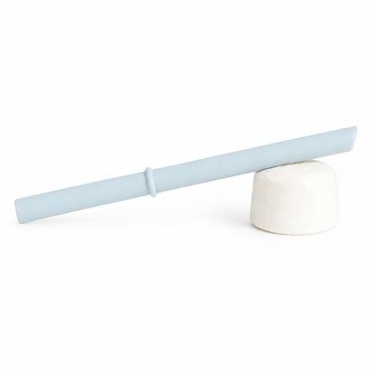 Light blue silicone replacement straw with stopper for CHINO CLUB 8oz reusable kids' cup.