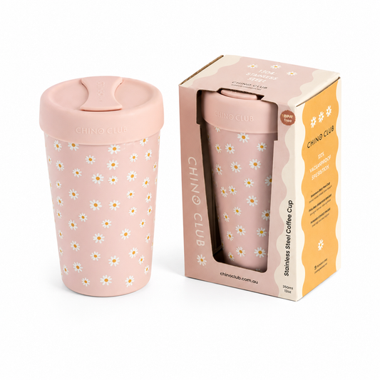 Pink Daisy 12oz stainless steel reusable coffee cup with matching gift box, insulated travel mug by CHINO CLUB.