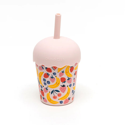 Pink fruit print mini smoothie cup with silicone straw and lid for toddlers