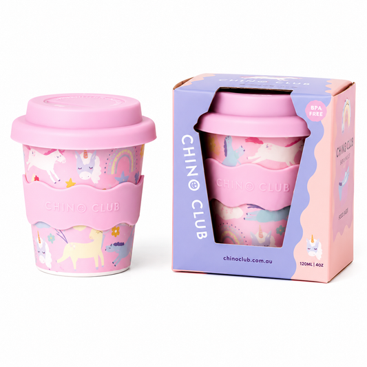 Pink unicorn reusable 4oz babychino cup with matching gift box, perfect for toddlers and children.