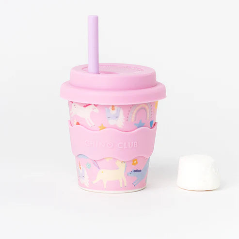 Pink unicorn babychino cup with straw