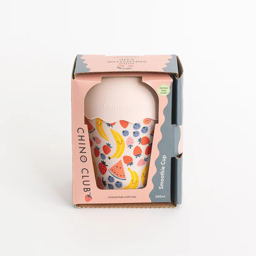 Kids' pink fruit smoothie cup with lid, reusable straw and gift box