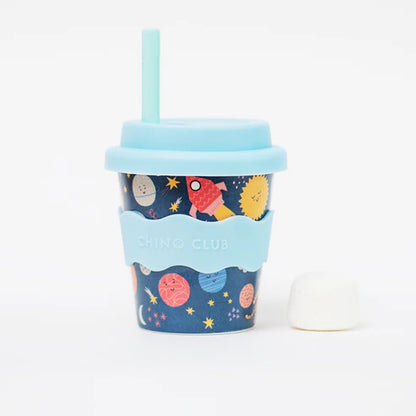 Blue space babychino cup with straw