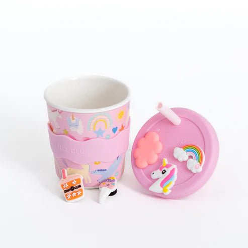 Pink Chino Club snack pot and kids cup 8oz with unicorn charms