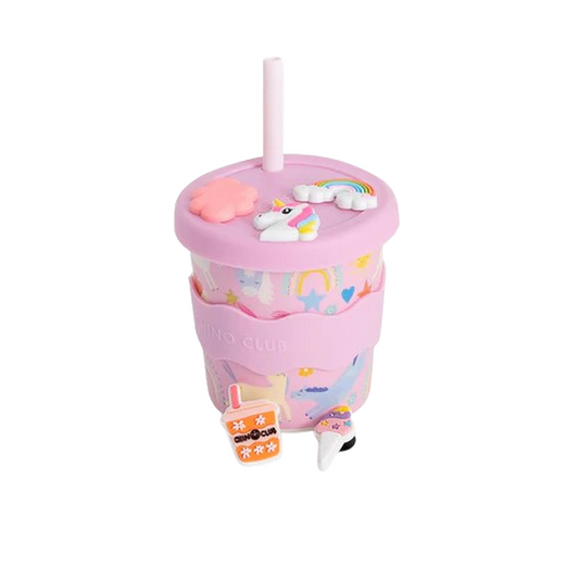 Pink chino charm cup and snack pot with unicorn design on a white background