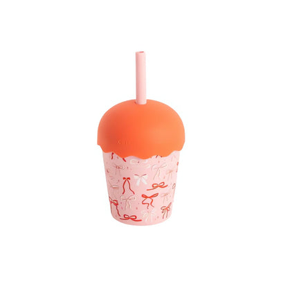 red and pink stainless steel smoothie cup with lid and straw